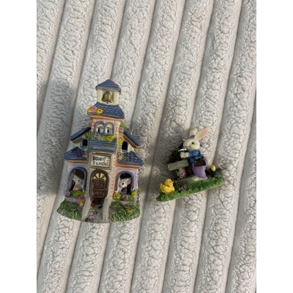 Easter Trinket LOT OF TWO bunny School House And Builder Bunny Decoration Spring